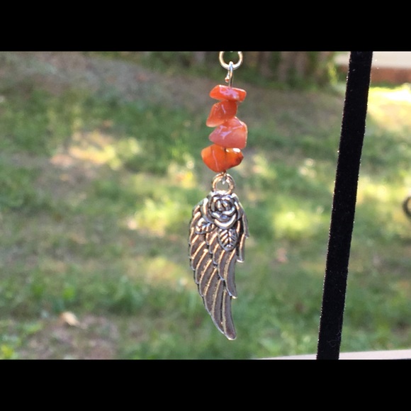 Red Fire Agate Silver Angel Wing Dangle Earrings - Picture 2 of 8